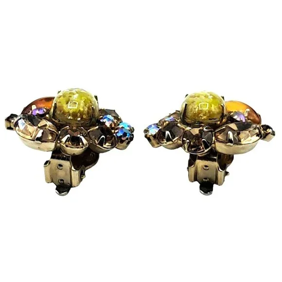 Yellow Foil Art Glass Rhinestone Earrings Autumn Colors Vintage Costume Jewelry - Picture 5 of 8